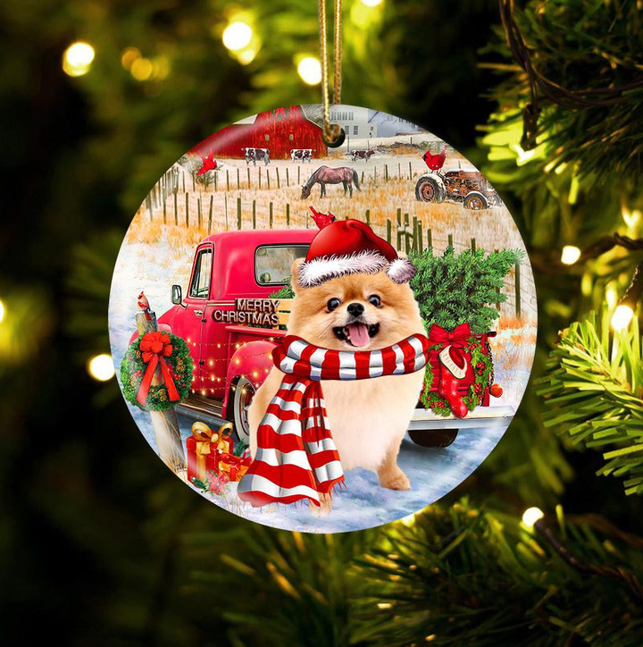 Pomeranian With Red Truck Christmas Ceramic Ornament