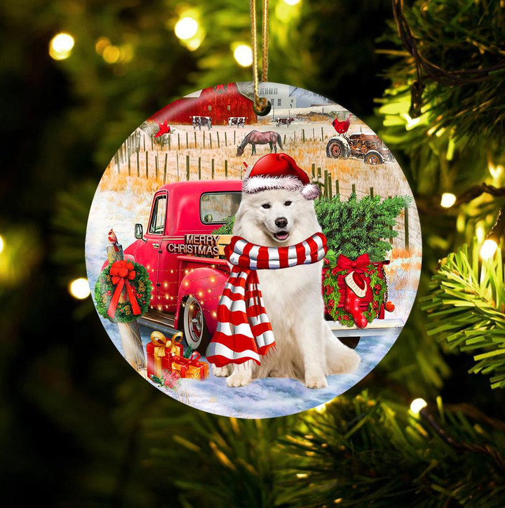 Samoyed With Red Truck Christmas Ceramic Ornament