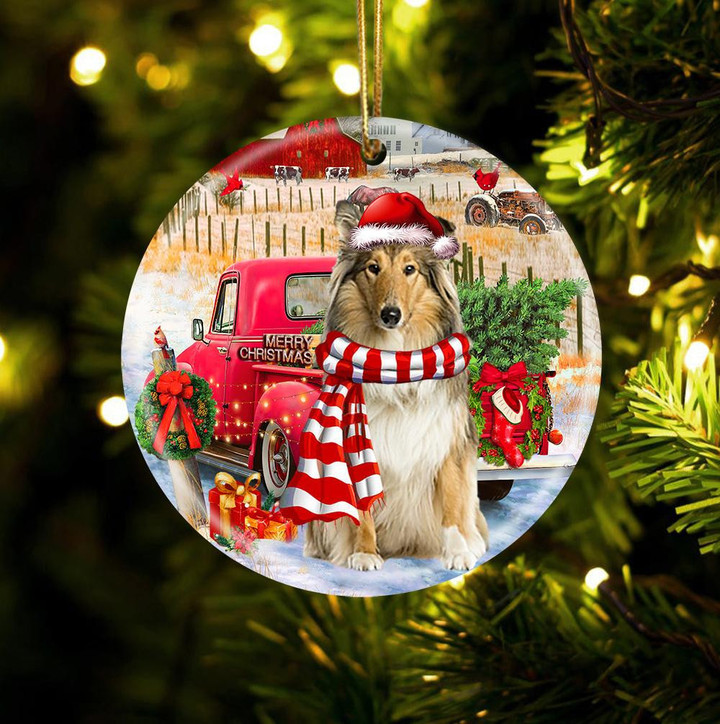Scotch Collie With Red Truck Christmas Ceramic Ornament