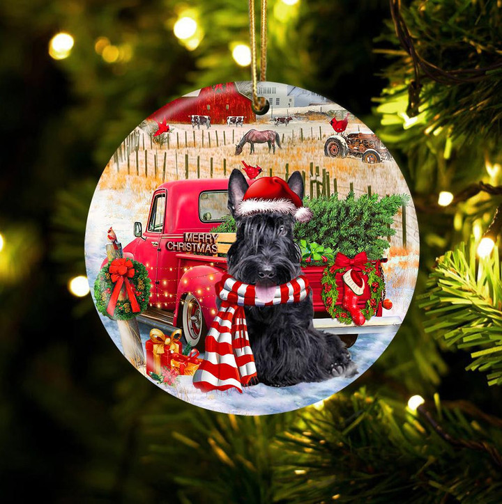 Scottish Terrier With Red Truck Christmas Ceramic Ornament