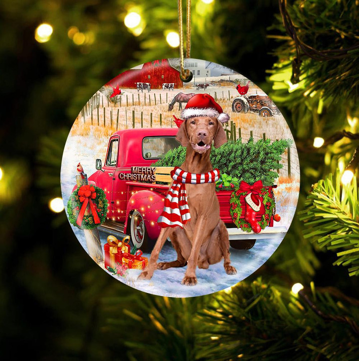 Vizsla With Red Truck Christmas Ceramic Ornament