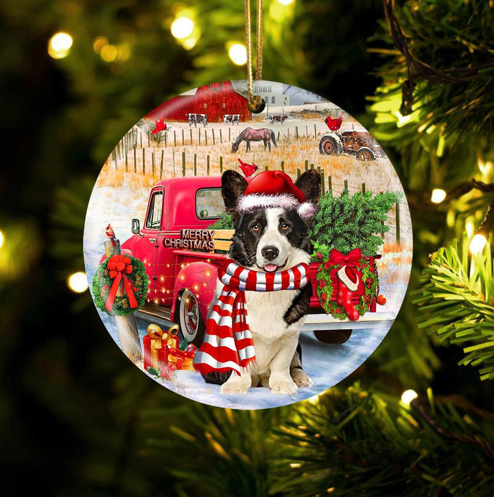 Welsh Corgi With Red Truck Christmas Ceramic Ornament