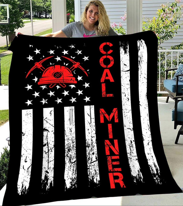 Custom Blanket American Coal Miner USA Flag Tough Worker - Gift for Dad - Fleece Blanket