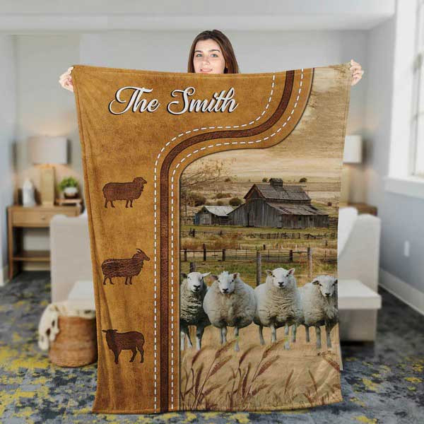 Personalized Sheep Cattle In Field Farmhouse Blanket, Gift for Farmer Sheep Sherpa Blanket for Him