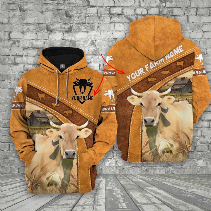 Customized Braunvieh Farmhouse 3D Hoodie, 3D Apparel All Over Printed for Cattleman, Gift for Dad