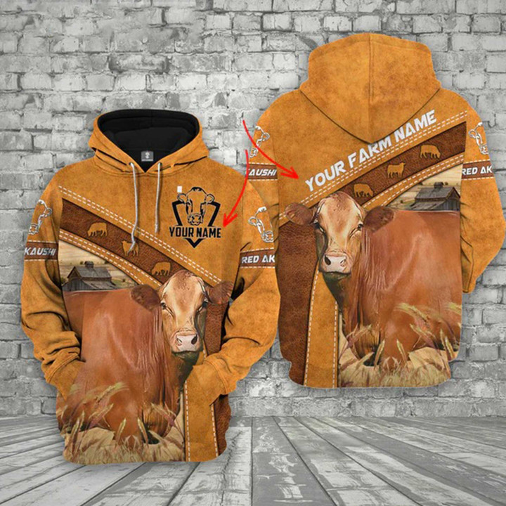 Customized Red Akaushi 3D Farmhouse Hoodie, Gift for Farmer, Gift for Dad Cow Lovers