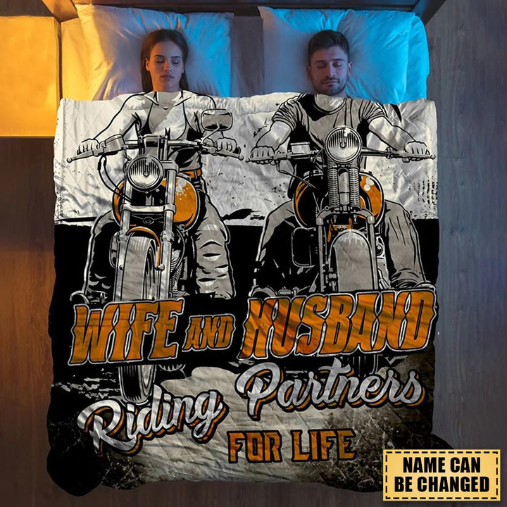 Personalized Couple Riding Partners For Life Fleece Blanket, Motorcycle Sherpa Blanket for Husband and Wife