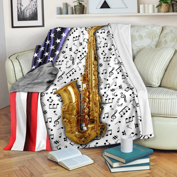 American Flag Music Notes Saxophone Fleece and Sherpa Blanket for Saxophone Players, Gift for Him