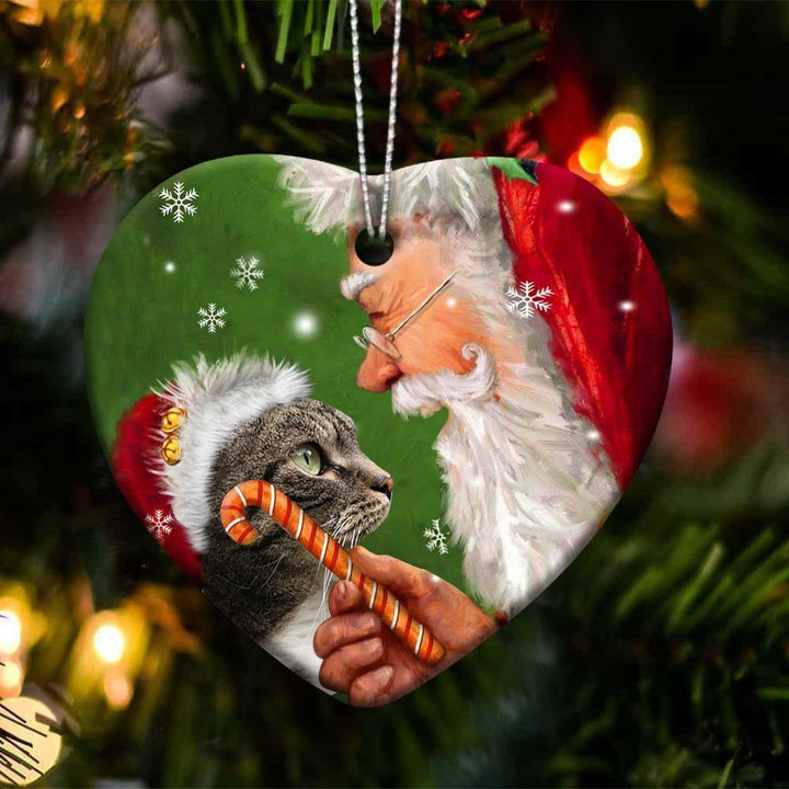 Domestic Shorthair Cat and Santa Clause With Candy Cane Christmas Ceramic Ornament