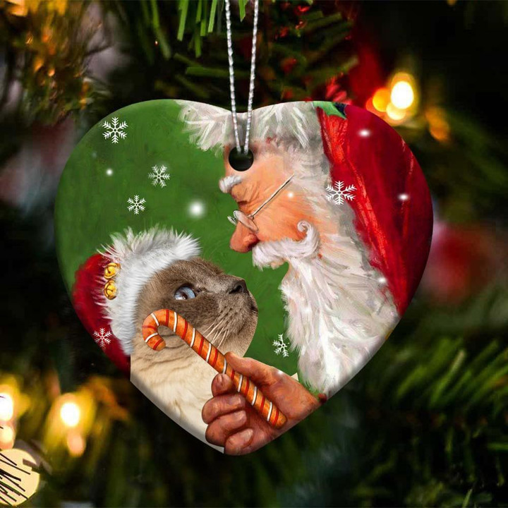 Birman cat and Santa Clause With Candy Cane Christmas Ceramic Ornament