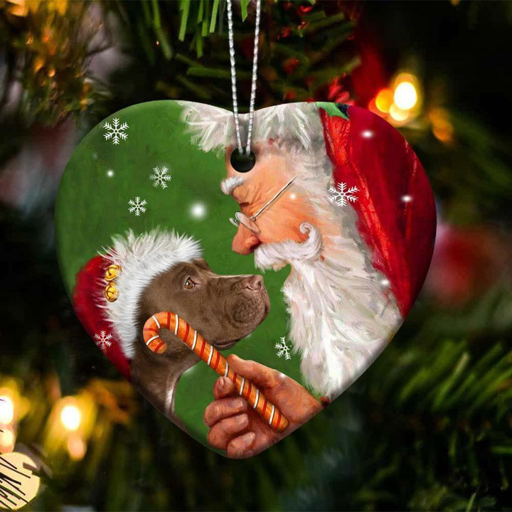 Pitbull and Santa Clause With Candy Cane Christmas Ceramic Ornament