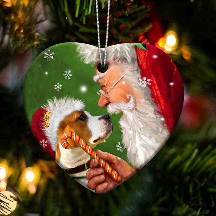 Staffy and Santa Clause With Candy Cane Christmas Ceramic Ornament