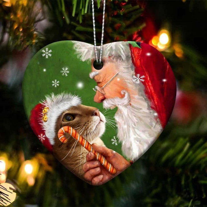 Oriental Shorthair Cat and Santa Clause With Candy Cane Christmas Ceramic Ornament