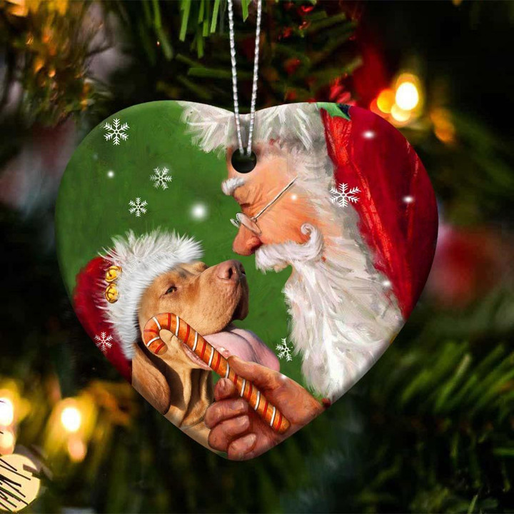 Vizsla Dog and Santa Clause With Candy Cane Christmas Ceramic Ornament