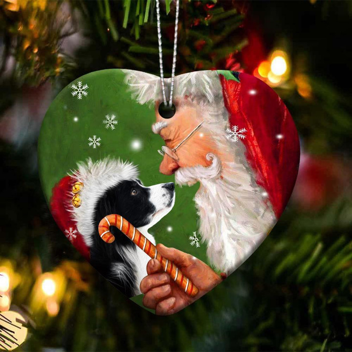 Border Collie and Santa Clause With Candy Cane Christmas Ceramic Ornament