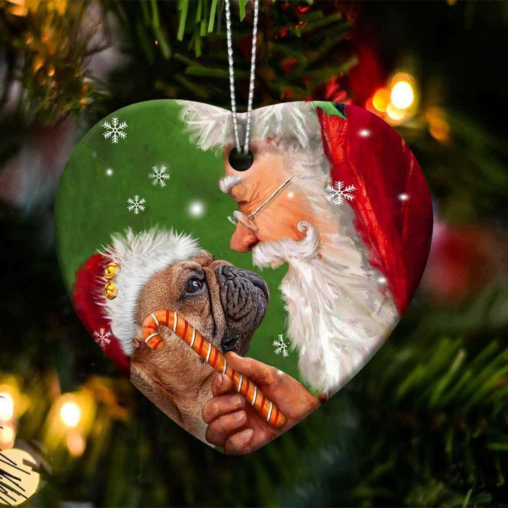 French Bulldog and Santa Clause With Candy Cane Christmas Ceramic Ornament
