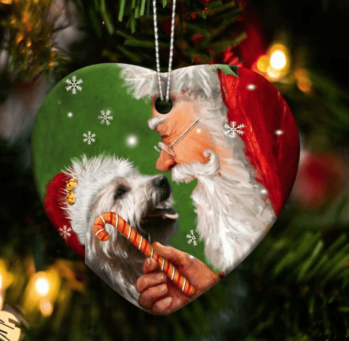 Cairn Terrier and Santa Clause With Candy Cane Christmas Ceramic Ornament