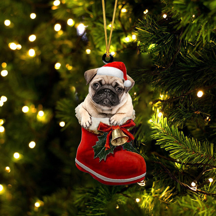 Pug 2 In Santa Boot Christmas Two Sided Ornament