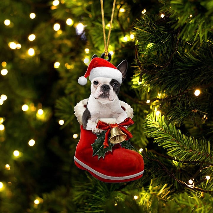 Boston Terrier In Santa Boot Christmas Two Sided Ornament