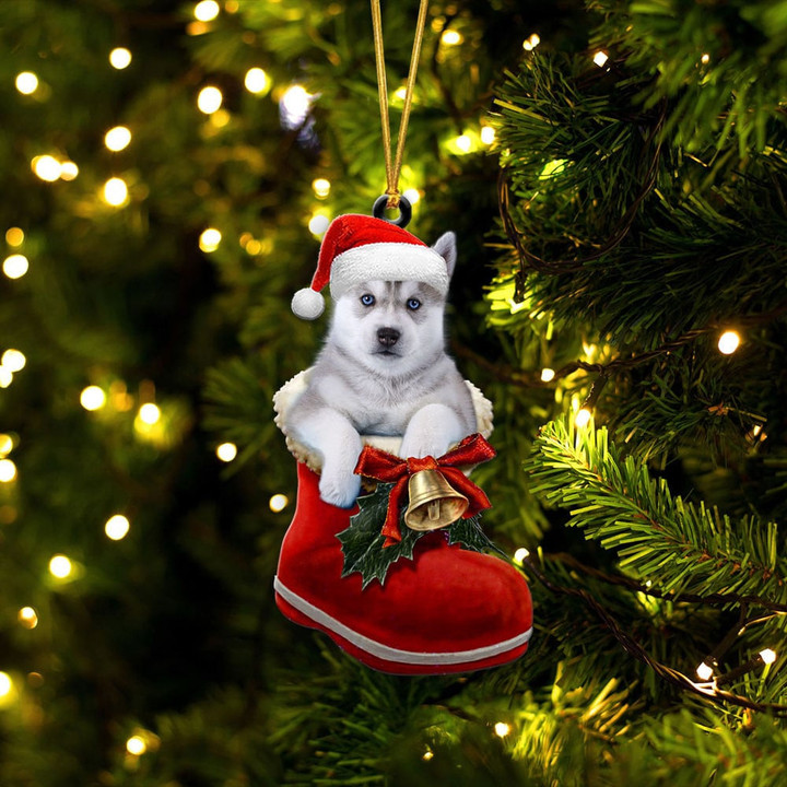 Siberian Husky In Santa Boot Christmas Two Sided Ornament