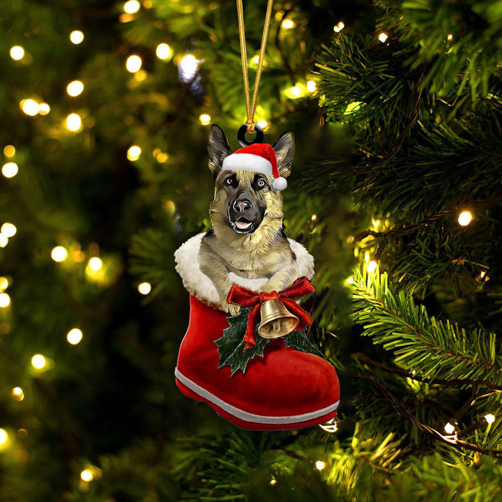 German Shepherd 2 In Santa Boot Christmas Two Sided Ornament