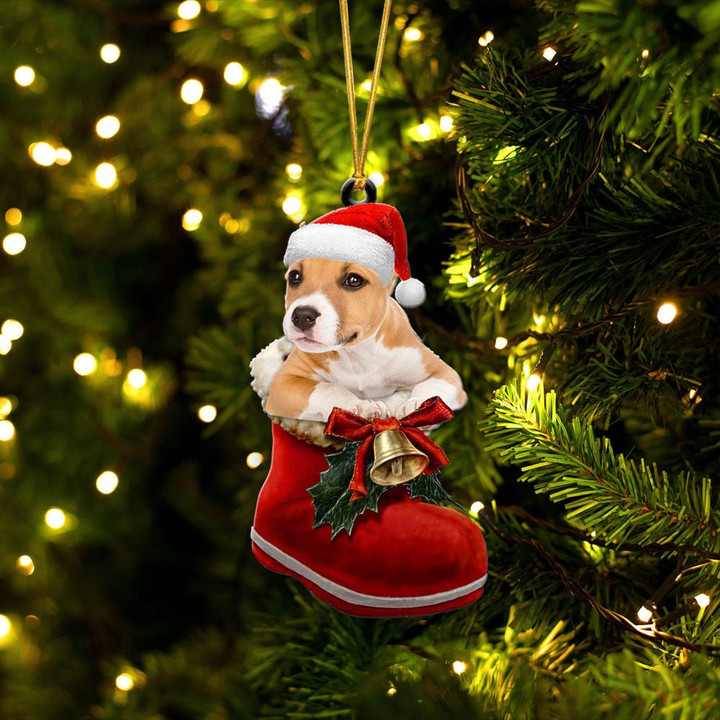 Pitbull In Santa Boot Christmas Two Sided Ornament