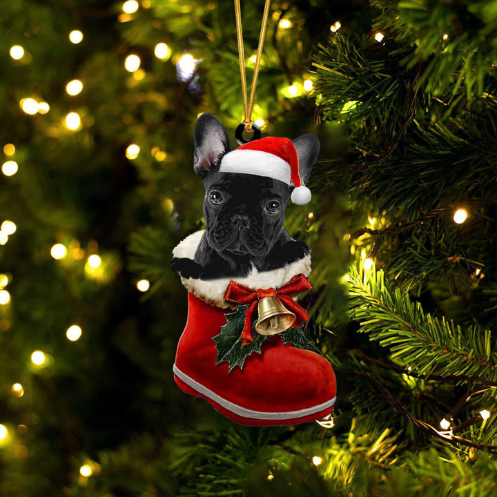 French Bulldog Black 1 In Santa Boot Christmas Two Sided Ornament
