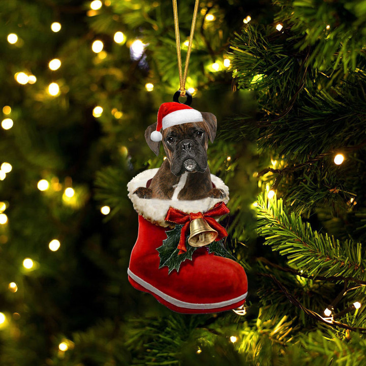 Boxer 2 In Santa Boot Christmas Two Sided Ornament