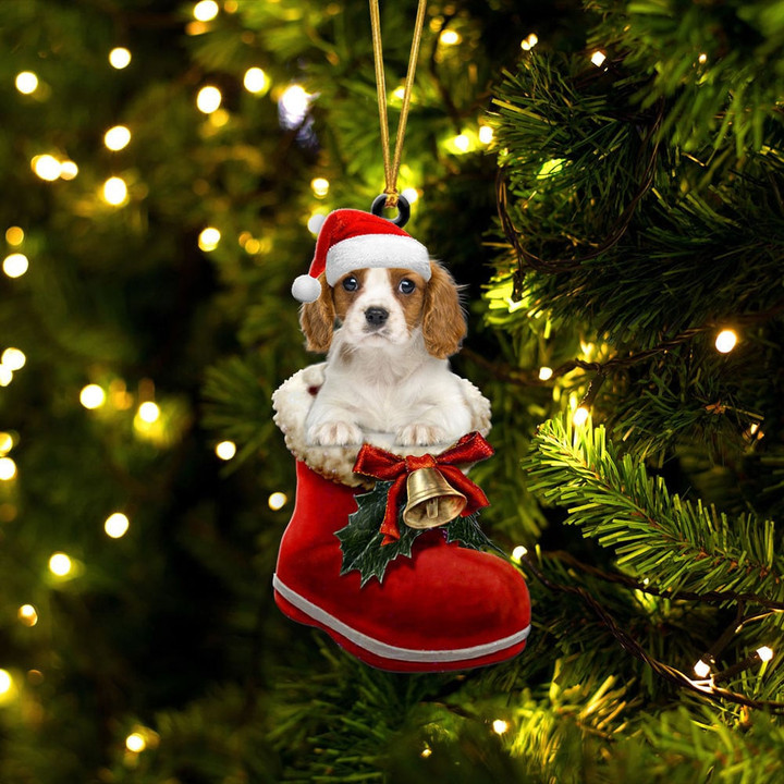 Cavalier King Charles Spaniel In Santa Boot Christmas Two Sided Ornament