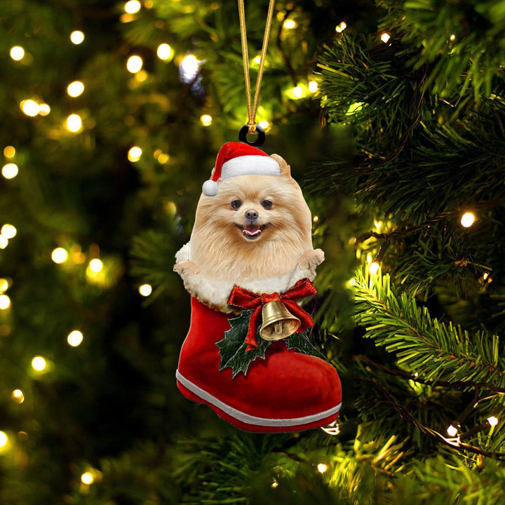 Pomeranian 2 In Santa Boot Christmas Two Sided Ornament