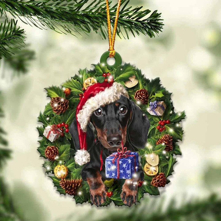 Black and Tan Dachshund and Christmas Wreath Ornament gift for Black and Tan Dachshund lover ornament