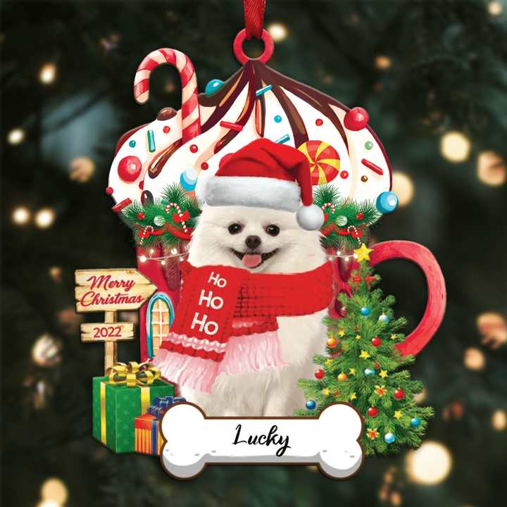Personalized Ho Ho Ho White Pomeranian Spitz Dog Christmas Ornament for Dog Lovers
