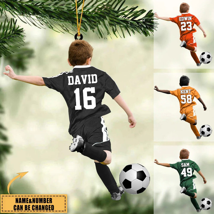 Personalized Soccer Little Boy Acrylic Christmas Ornament, Gift For Son Who loves Soccer