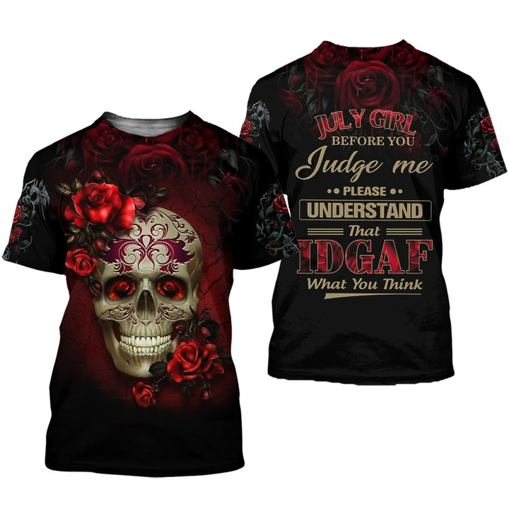 Skull rose July Girl 3D all over printed T-shirt, Hoodie, zip hoodie