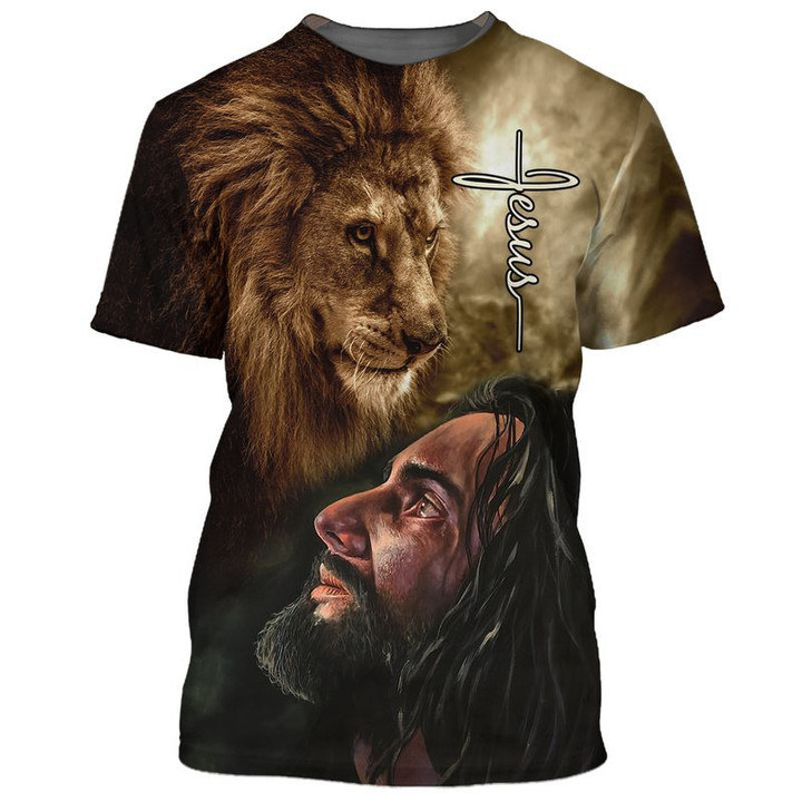 Christian Jesus lion 3D Full Print T-shirt- God Bless 3D All Over Printed, Christian 3D Shirt, Jesus 3D Shirt