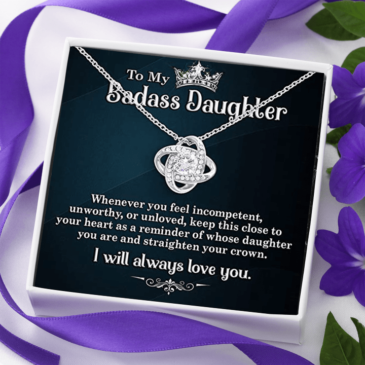 To My Badass Daughter Love Knot Necklace, Birthday Gifts For Daughter, Gift For Daughter From Dad and Mom