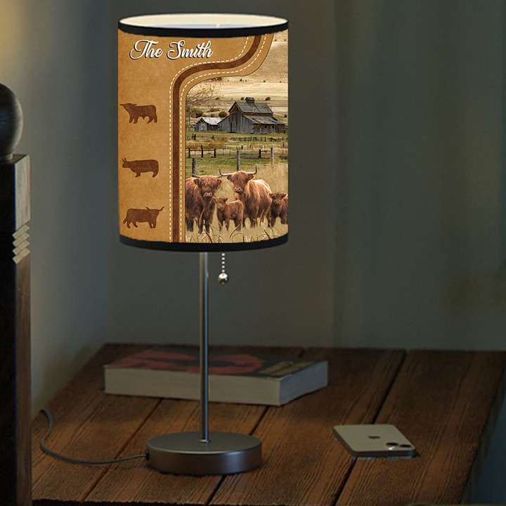 Personalized Highland Cattle In Field Farmhouse Table Lamp for Farmer Dad, Lamp for Bedroom