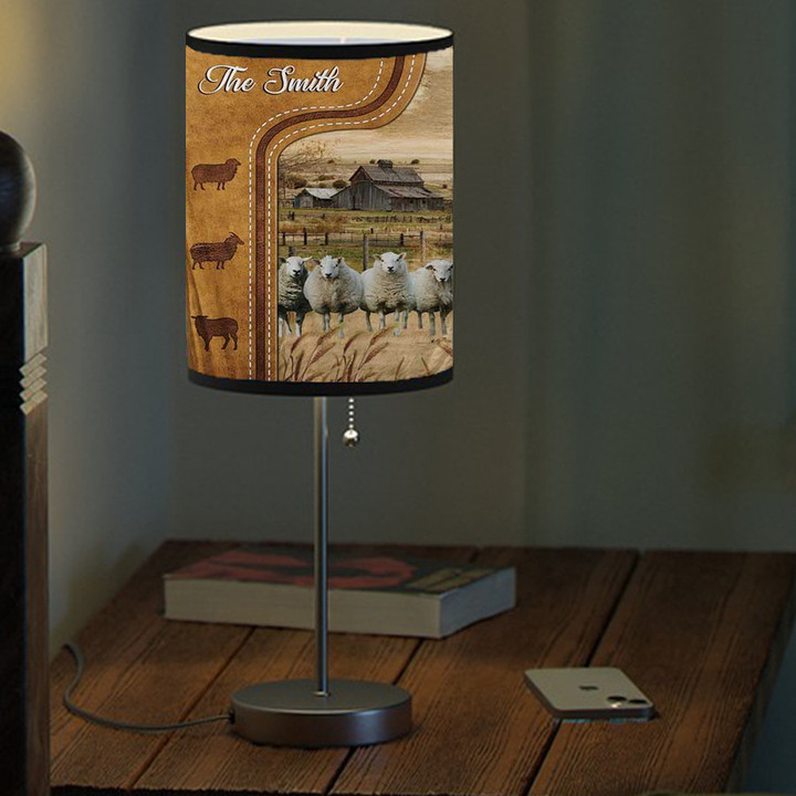 Personalized Sheep In Field Farmhouse Table Lamp for Bedroom, Lamb Farmhouse Living Room Lamp for Dad