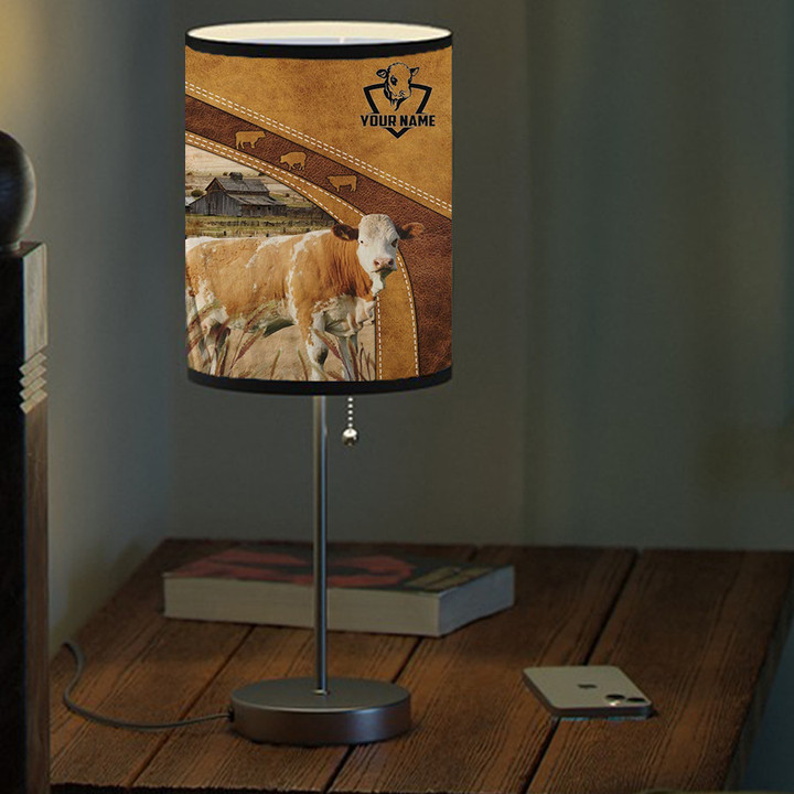 Personalized Simmental In Field Farmhouse Table Lamp for Bedroom, Farmhouse Living Room Lamp for Farmer