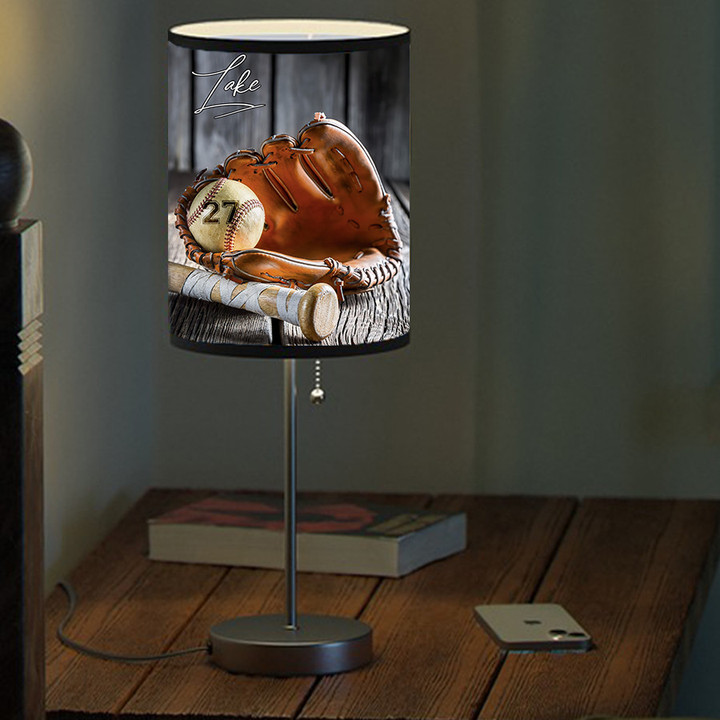 Personalized Baseball Table Lamp, Old Ball And Glove With Bat, Gift for Son Bedroom Lamp