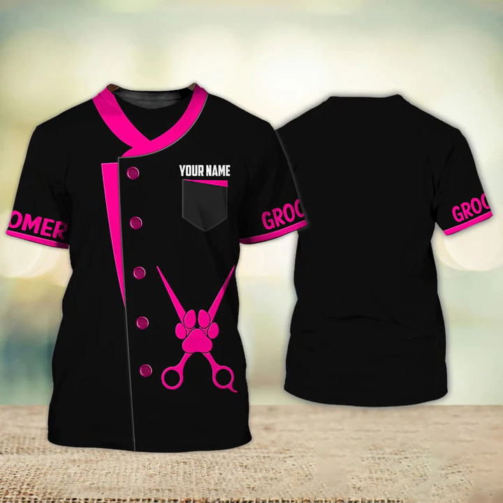 New Version Pet Groomer Uniform Pink Salon Pet Groomer Personalized Name 3D Tshirt