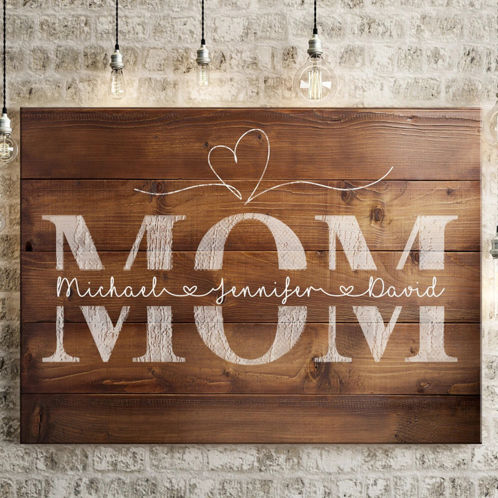 Custom Mom and Kid Names Wood Pattern Wall Art Canvas Prints for Mother