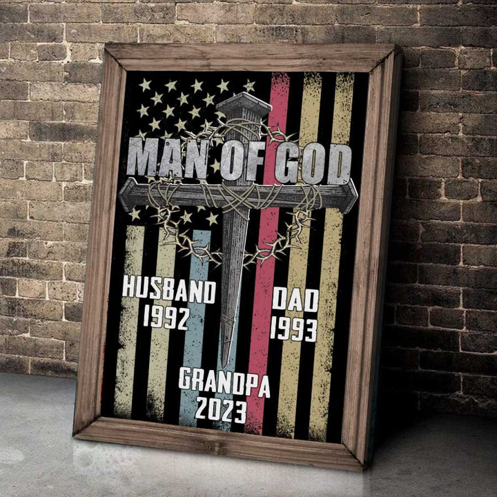Personalized Man of God, Father's Day Gift for Husband, Dad, Grandpa Est USA Flag with Cross Wall Art Canvas