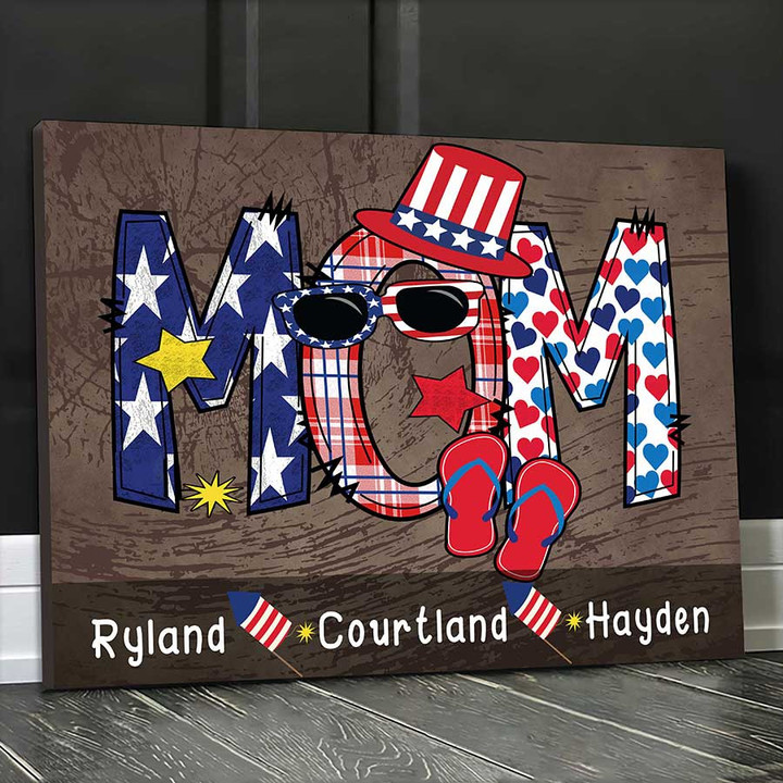 Personalized 4th of July Mom Flag Art Font Canvas Prints, Gift for Mother with Kid Names Wall Art for Her