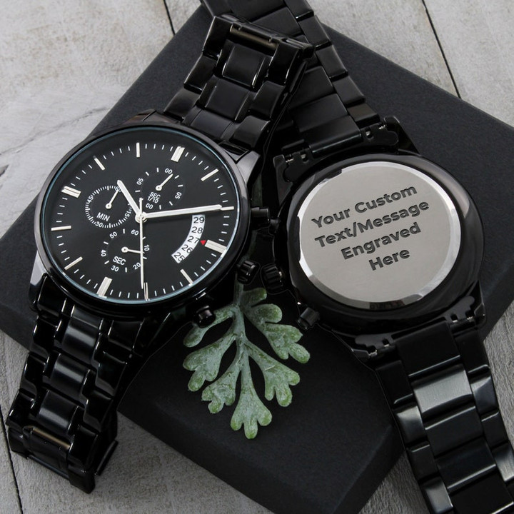 Custom Engraved Black Chronograph Watch, Personalized Engraved Watch For Men, Personalized Gift, Anniversary Gift, Engraved Watch