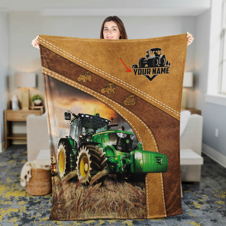 Personalized Tractor Farmhouse Fleece Blanket for Farmer, Gift for Dad Bedroom Decor
