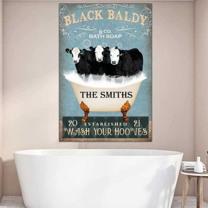 Personalized Black Baldy Bathtub Bathroom Metal Wall Art, Black Baldy Cow Sign for Farm Bathroom Decor