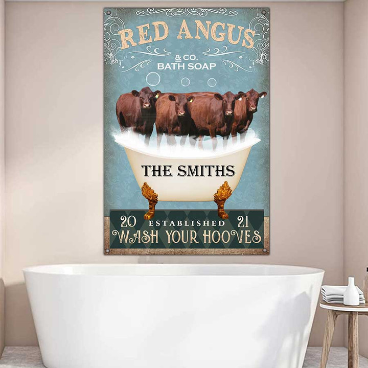 Personalized Red Angus Bathtub Bathroom Metal Wall Art, Red Angus Cow Sign for Farm Bathroom Decor