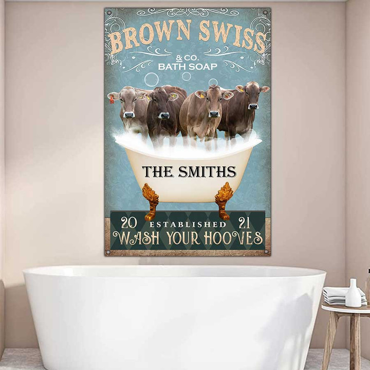 Personalized Brown Swiss Bathtub Bathroom Metal Wall Art, Brown Swiss Sign for Farm Bathroom