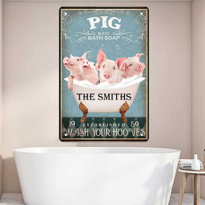 Personalized Pig Bathtub Bathroom Metal Wall Art, Pig Metal Sign for Farm Bathroom Decor